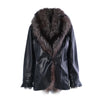 Secondhand Yves Saint Laurent Black Leather Coat with Silver Fox Fur Trim -'90s