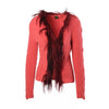 second hand Kape Land Coral Cable-Knit Cardigan with Burgundy Feather Trim