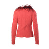 second hand Kape Land Coral Cable-Knit Cardigan with Burgundy Feather Trim