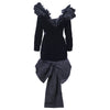 Secondhand Yves Saint laurent Black Velvet Dress with Ruffle Shoulders and High-Low Skirt - '80s