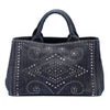 Secondhand Prada Studded Denim Canapa Logo Satchel