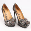 Lanvin Paris Platform Leather Jewel Embellished Heels in Gray Size 37.5 Secondhand