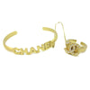 Chanel Logo Bangle with Chain Attached CC Ring Metal with Crystal