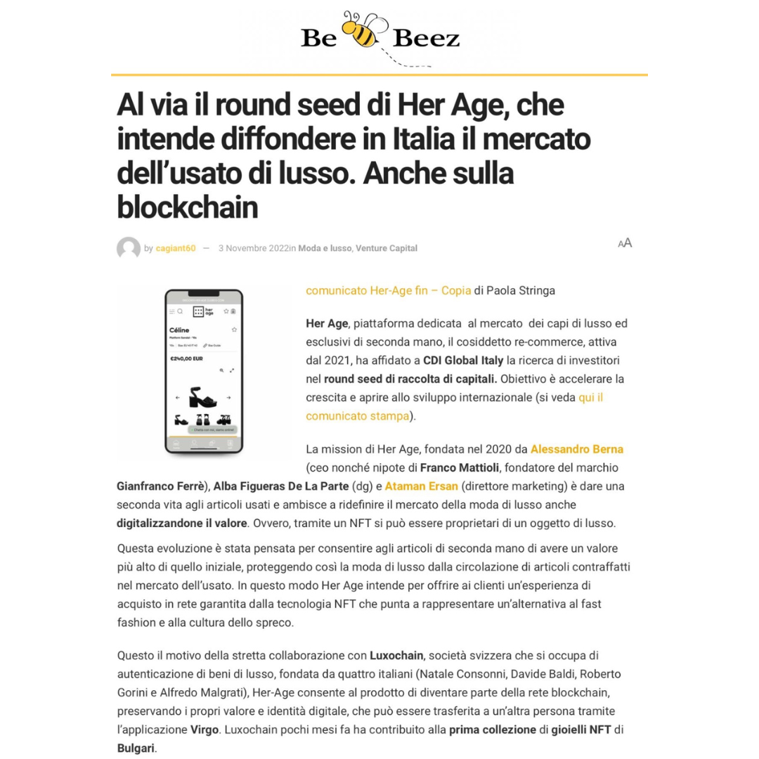 BeBeez-Her-Age-s-seed-round-kicks-off-aiming-to-spread-the-pre-loved-luxury-market-in-Italy.-Also-on-the-blockchain her-age