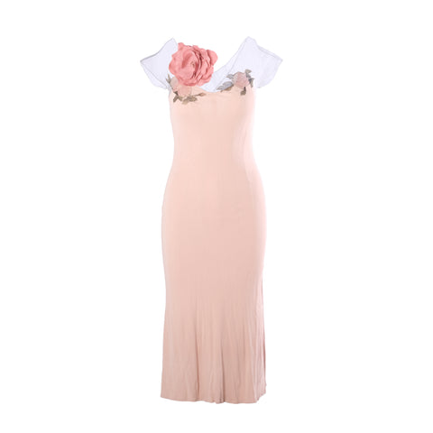 ワンピース Blumarine pink sheer dress Blumarine Sheer Silk Slip Dress With Floral Appliqué - '90s