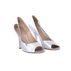 second hand Louis Vuitton Silver Matte Metallic Leather Open Toe Heels Rhinestone Shoes