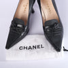secondhand Chanel Black Leather & Canvas Bow Pointed-Toe Pumps - '90s