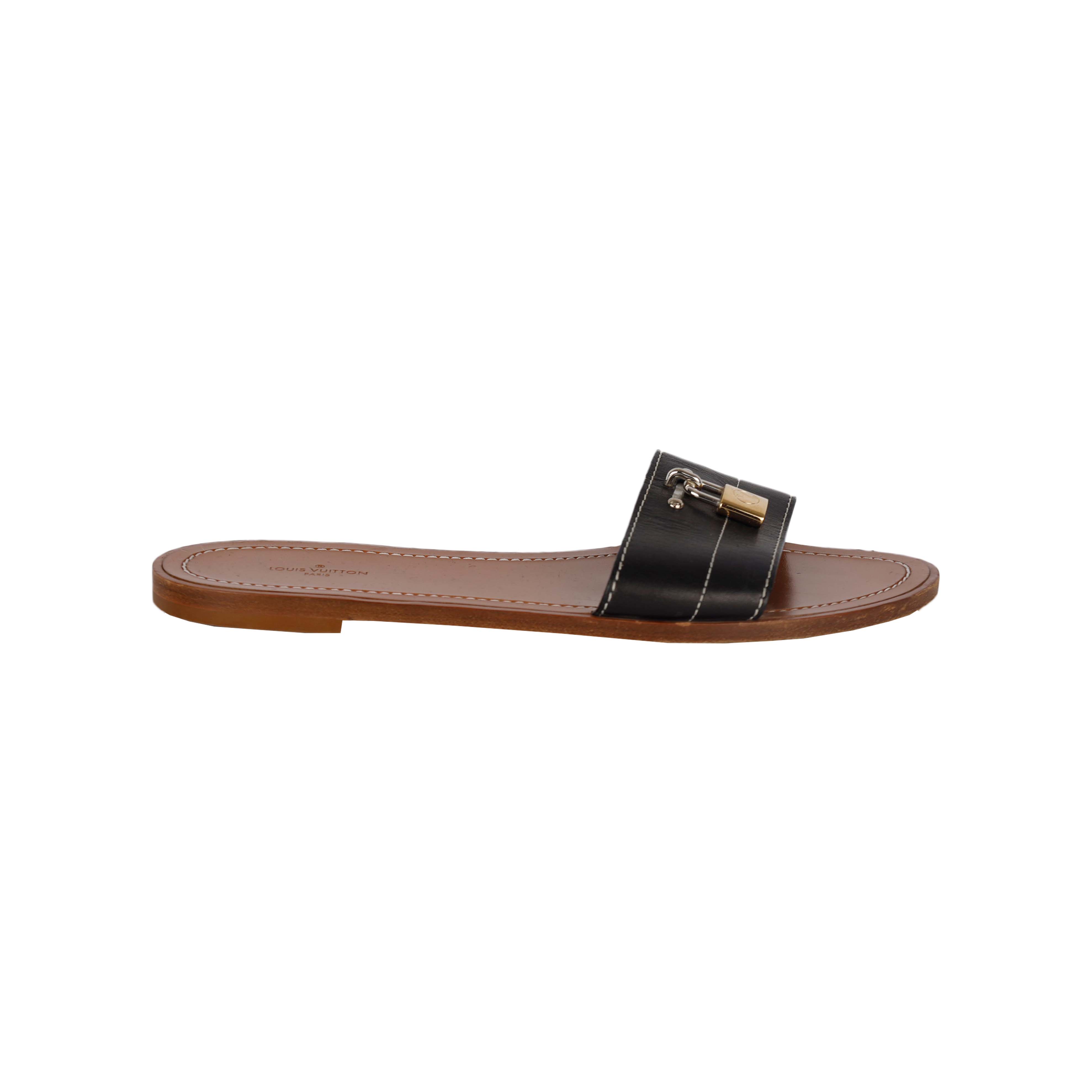 LOUIS VUITTON Leather slide buckle Gold details Flat Women's Sandals  SZ 37