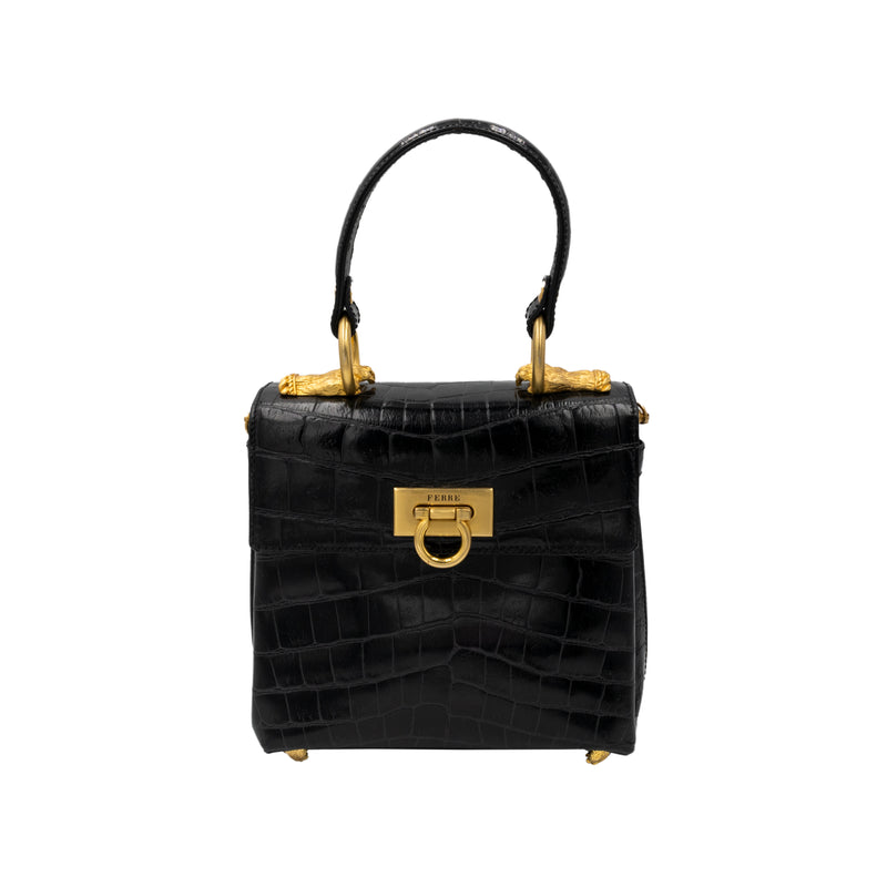 Gianfranco Ferré black crocodile leather bag. Mini handheld style, shoulder strap with gold-tone inserts, flap closure pre-owned nft