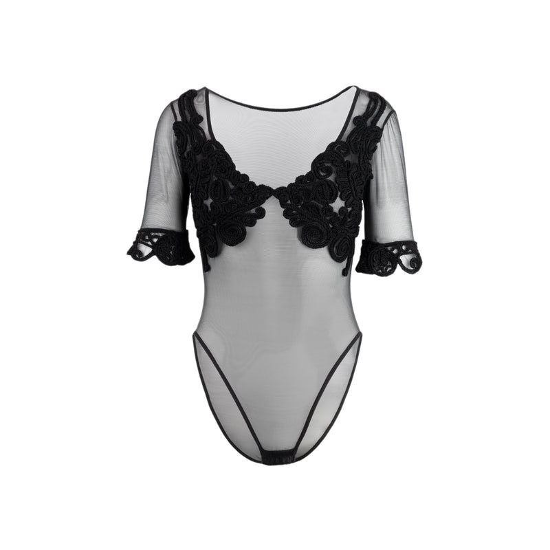 Gianfranco Ferré 90's black bodysuit, embroidered with black cord lace and half sleeves pre-owned