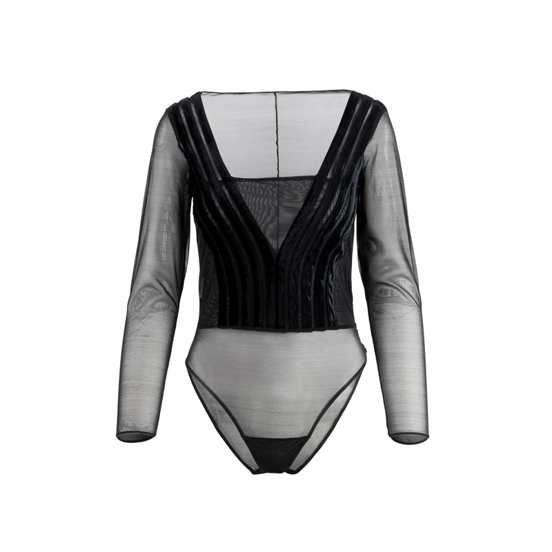 Gianfranco Ferré 90's black corduroy bodysuit. Sheer long sleeves with zip fastening on the side pre-owned
