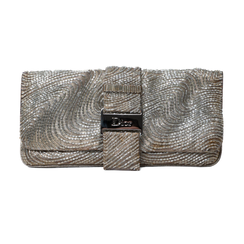 Dior silver clutch bag embroidered with tubolar crystals pre-owned