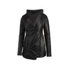 Rick Owens black leather jacket. Fitted style with a wide collar, long sleeves, asymmetrical fastening pre-owner