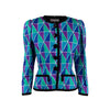 Yves Saint Laurent, purple green and blue geometric patterned silk jacket. Featuring a crew neck design, long sleeves, two front pockets, a front button placket and a grosgrain finished hem pre-owned