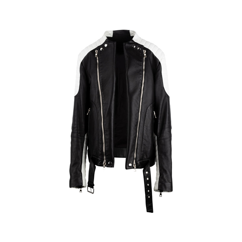 Balmain black and white contrasting leather jacket. Biker style with long sleeves, off-centre zip fastening with press studs, two fontal pockets, ribbed belt detailing at the bottom pre-owned